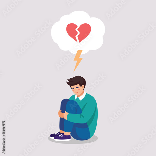 Brokenhearted boy suffers by symptoms of depressive disorder. Vector illustration about mental problems in flat style.