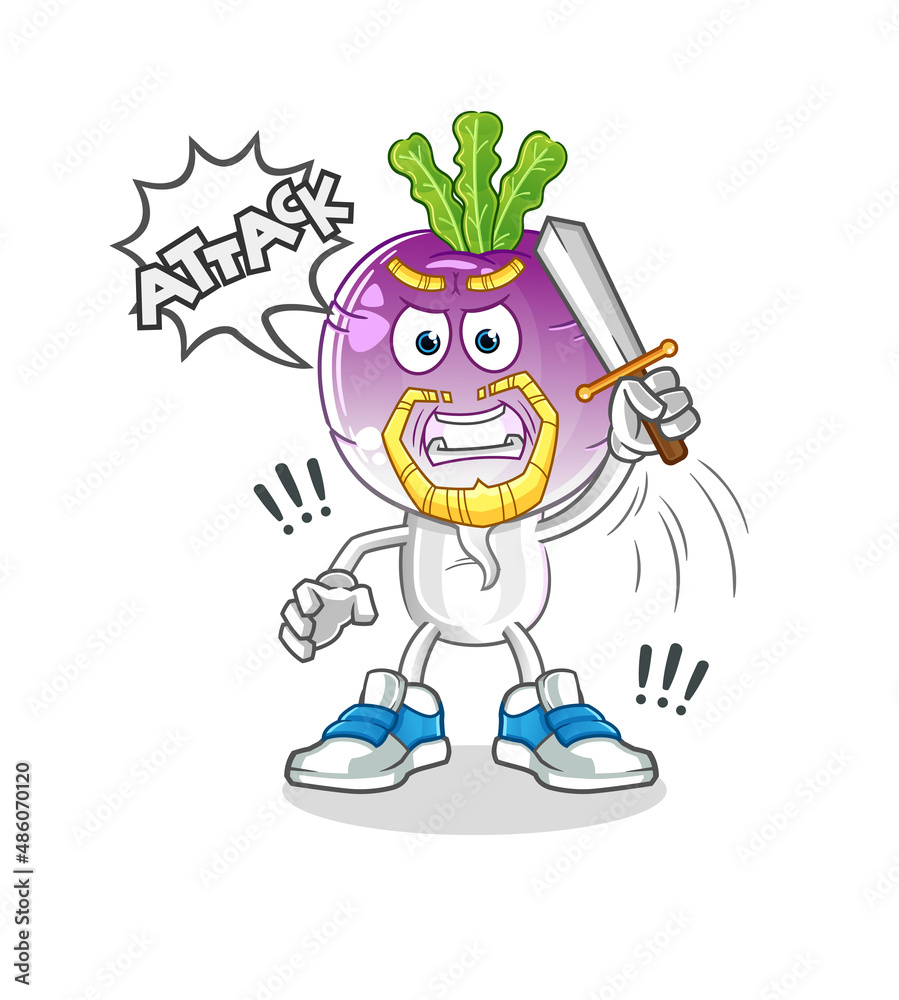 Obraz premium turnip head cartoon knights attack with sword. cartoon vector