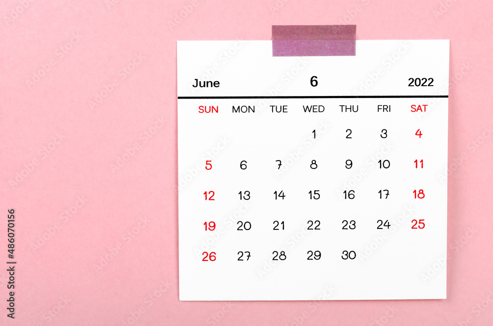 June 2022 calendar on pink background. June 2022 calendar on pink background.