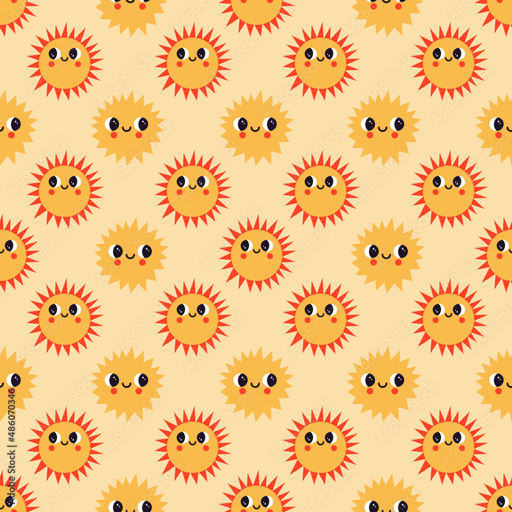 Vector seamless pattern with cute abstract sun and stars. Retro background with fun space and sky characters. Can be used for textile, wrapping paper, wallpaper for kids nursery and other design