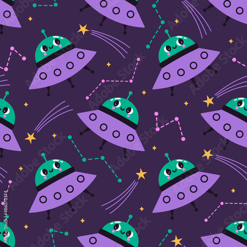 Vector seamless pattern with cute ufo, stars and constellations. Retro space background with fun alien characters. Can be used for textile, wrapping paper, wallpaper for kids nursery and other design
