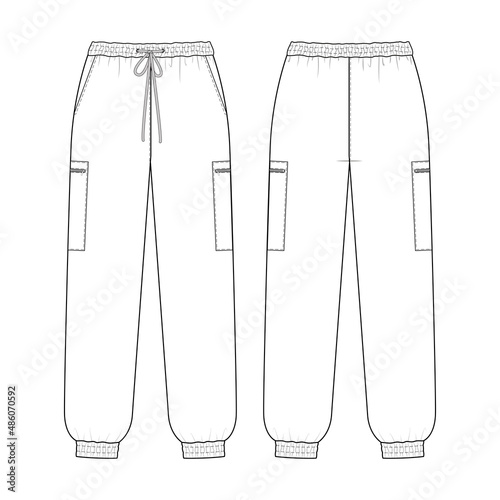 Fashion technical drawing of casual cargo pants with drawstring at waistband and cuffes. Fashion flat sketch of jersey trousers