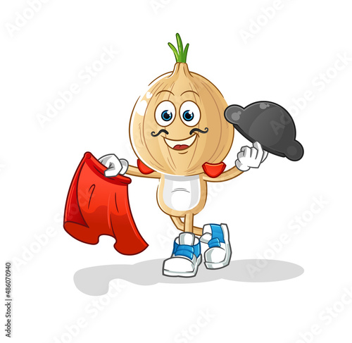 garlic head cartoon matador with red cloth illustration. character vector