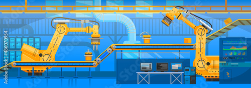 Robotic arm raises goods and stacks them on conveyor. Automated robotic production line for packaging of items with workers. Technical team works with technologies, equipment, machines at factory
