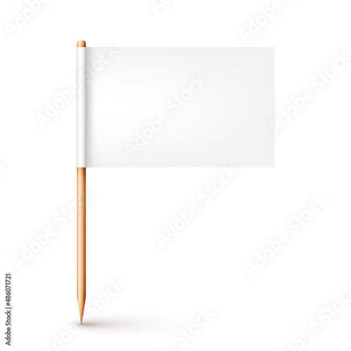 Realistic wooden toothpick with white paper flag. Location mark, map pointer. Blank mockup for advertising and promotions. Vector illustration photo