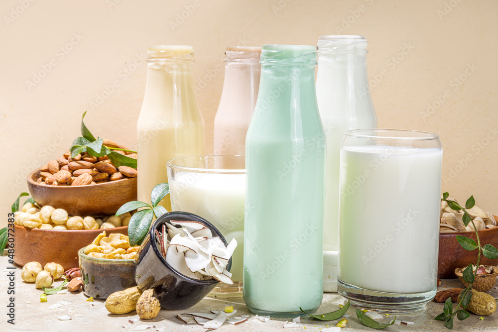 keto, paleo and vegan diet concept. Set of nut milks, bottles with various non-dairy nut milk - pistachio, walnut, hazelnut, peanut, almond, cashew, pecan, brazil nut, seeds, coconut