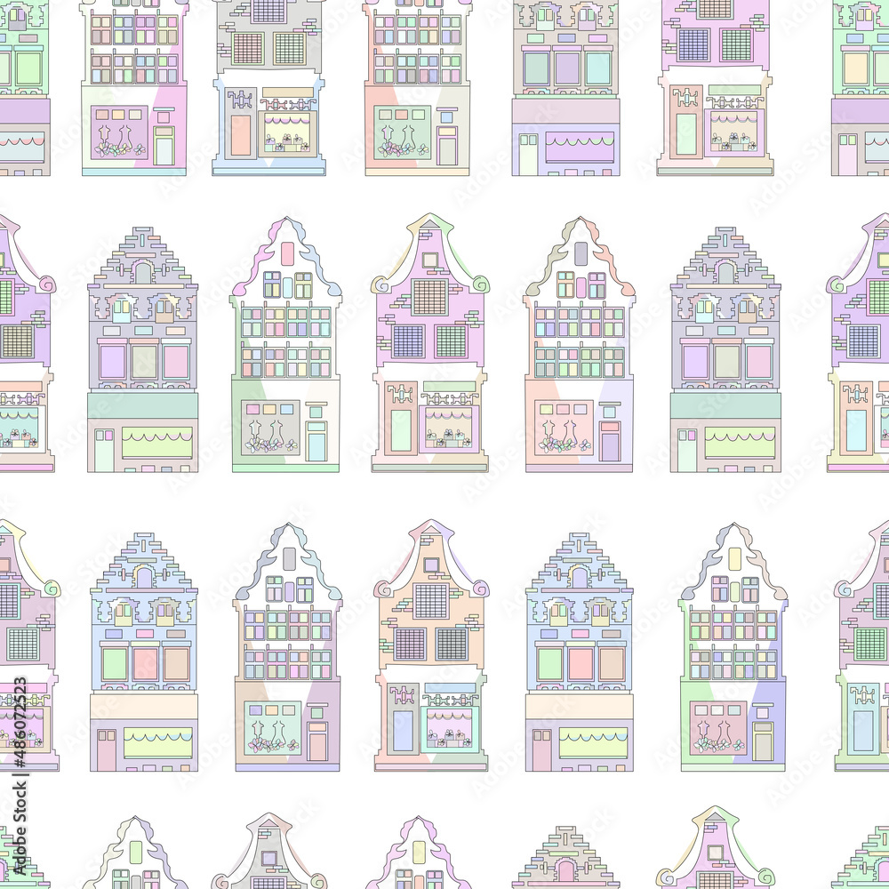 Multicolored houses on a white background seamless pattern. Gingerbread Belgian houses in pastel colors.