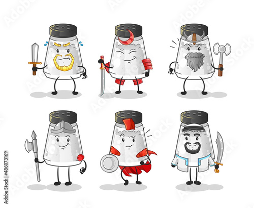 salt shaker warrior group character. cartoon mascot vector
