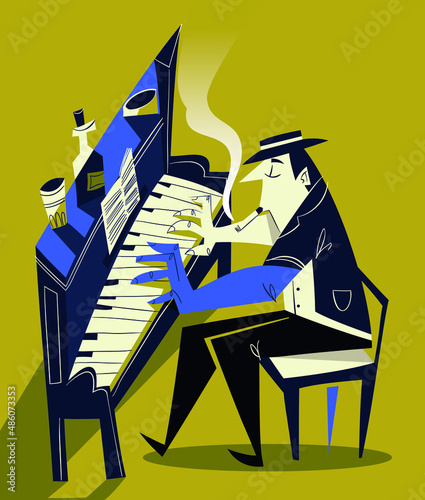 Piano Player - Retro vintage vector  illustration