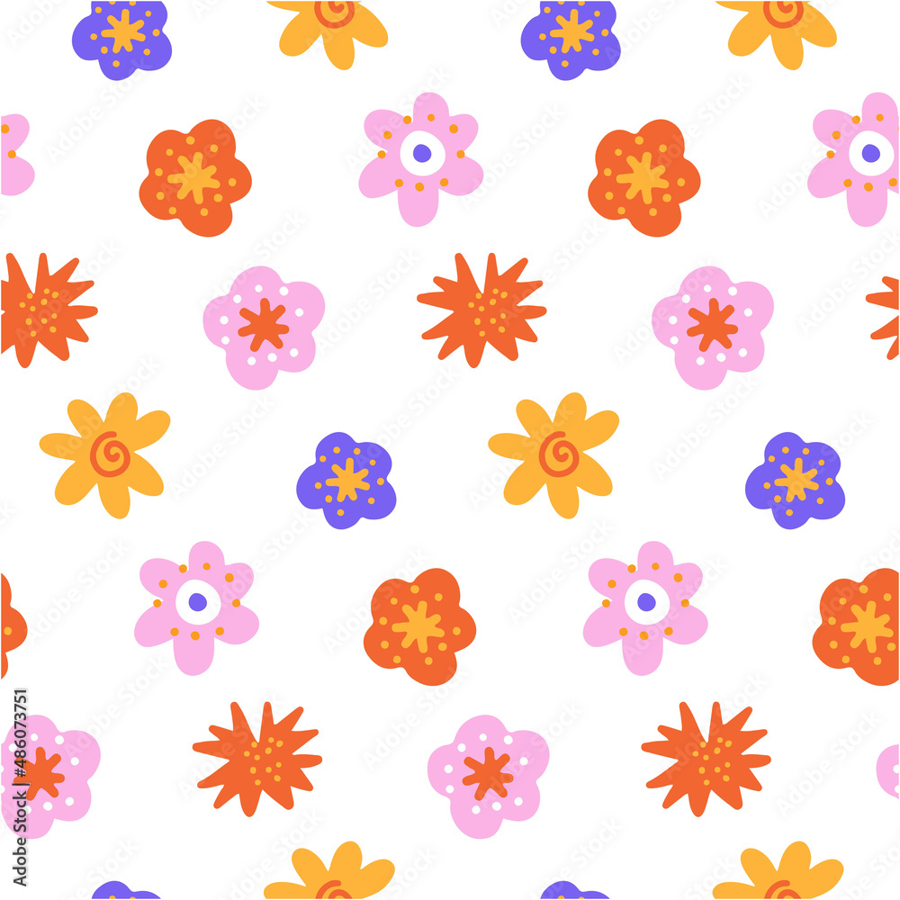 Seamless pattern of abstract wild flowers. flat simple vintage colorful vector illustration for spring backgroud. Seamless pattern of abstract wild flowers. flat simple vintage colorful vector illustration for spring backgroud.