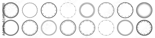 Mechanical clock faces, bezel. Watch dial with minute and hour marks. Timer or stopwatch element. Blank measuring circle scale with divisions. Vector illustration.