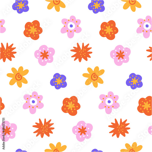 Seamless pattern of abstract wild flowers. flat simple vintage colorful vector illustration for spring backgroud.