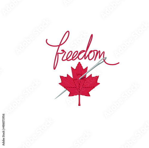 Freedom convoy, Canadian red leaf, Embroidered patch, maple leaf, flag of Canada. Design for posters, t shirt, stickers, banners, logo, emblem, badge