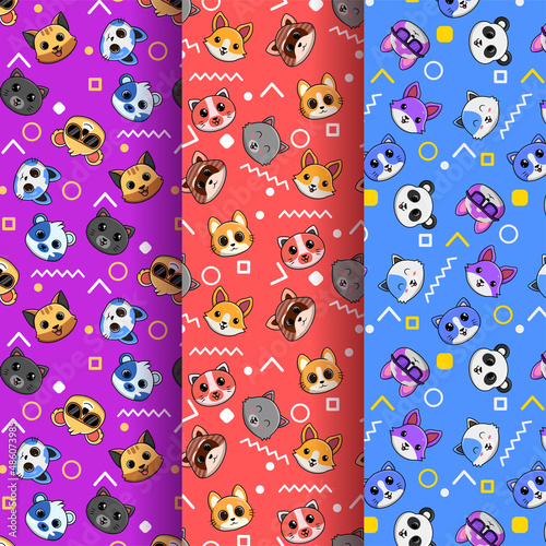 3 sets of cute pet head abstract pattern arrangement, creative and modern pattern design background for children's theme products.