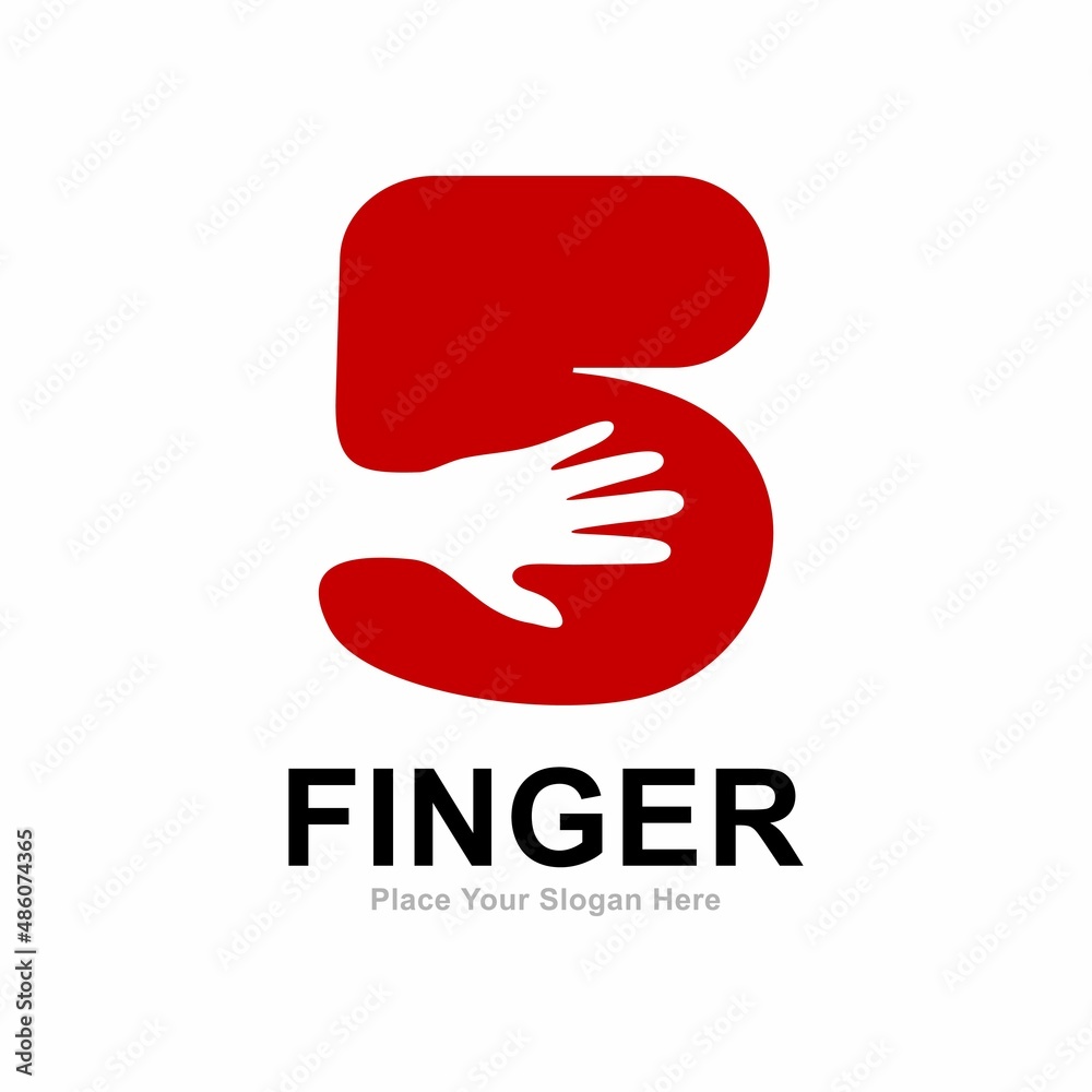 Number 5 with hand fingers logo design vector. Suitable for hand symbol, partnership, identity, support, and teamwork Number 5 with hand fingers logo design vector. Suitable for hand symbol, partnership, identity, support, and teamwork