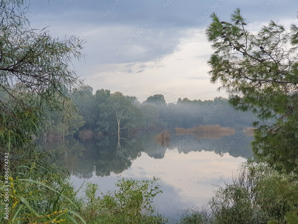 Athalassa Lake in Nicosia, Cyprus surrounded by trees  on a misty winter morning