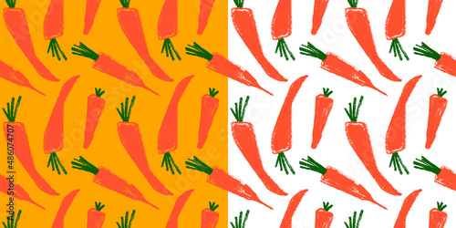 Vector carrot pattern seamless. Textured hand-drawn carrots  background. Vegetarian cooking backdrop. Healthy eating banner. Vegetable drawings for organic food label, juice packaging, vegan cosmetic.