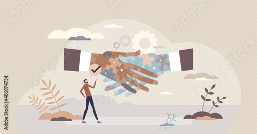 Supplier relationship management or SRM vendor analyze tiny person concept. Procurement planning or business deals strategy for organization supply partners vector illustration. Professional handshake