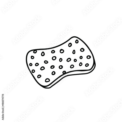 Doodle vector hand drawn sponge for dish washing. Dishware, disinfect, cleaning, washing sponge, housekeeping, hygiene, dishwasher, kitchenware. Design element for typography and digital use.