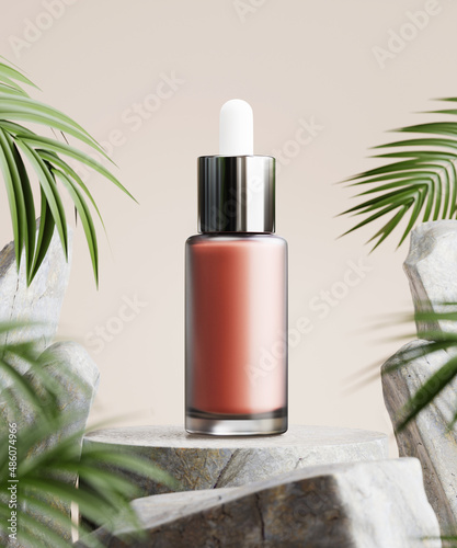 dropper bottle on rock podium with tropical leaf for product display