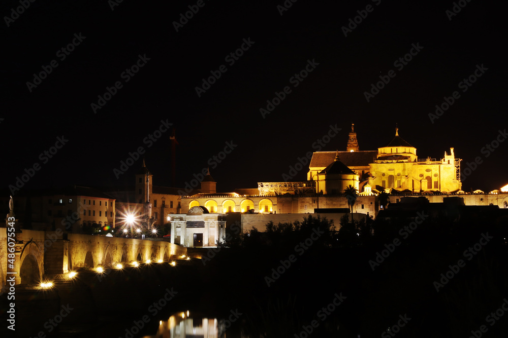 The night view of the Roman bridge and Mezquita cathedral in Cordoba