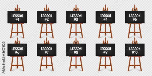 Realistic paint desk with text on black canvas. Wooden easel and a sheet of drawing paper. Presentation board on a tripod. Distance education, online courses and e-learning. Vector illustration