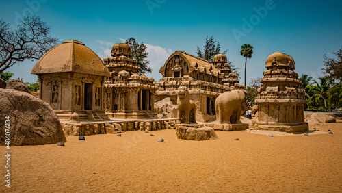 Exclusive Monolithic - Five Rathas or Panch Rathas are UNESCO World Heritage Site located at Great South Indian architecture. World Heritage in South India, Tamil Nadu, Mamallapuram or Mahabalipuram