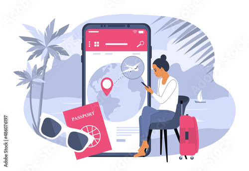 Woman planning vacation and booking air tickets. Vector illustration.