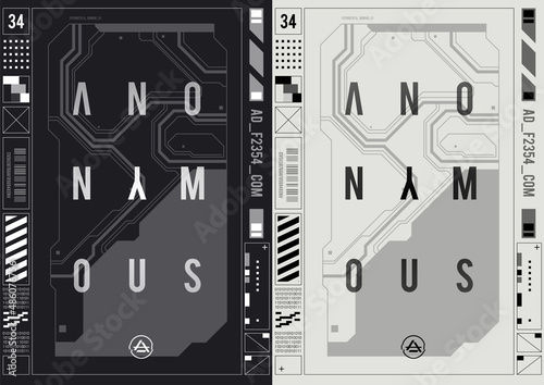 Tech Abstract poster template with HUD elements. cyber culture, Modern flyer for web and print. hacking, Cyberpunk futuristic poster. programming and virtual environments.