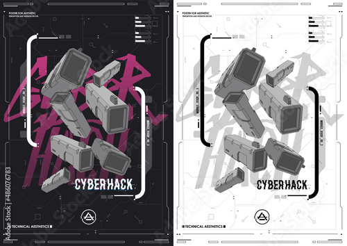 Tech Abstract poster template with HUD elements. cyber culture, Modern flyer for web and print. hacking, Cyberpunk futuristic poster. programming and virtual environments.