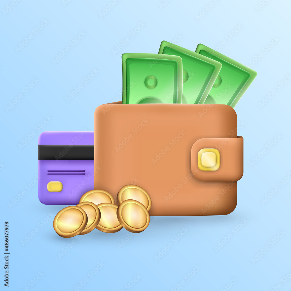 Closed brown billfold with shiny golden coins, purple plastic credit card and pills of green banknotes. Cartoon three-dimensional wallet with golden button and money inside. Cash payment concept EPS10 Closed brown billfold with shiny golden coins, purple plastic credit card and pills of green banknotes. Cartoon three-dimensional wallet with golden button and money inside. Cash payment concept EPS10