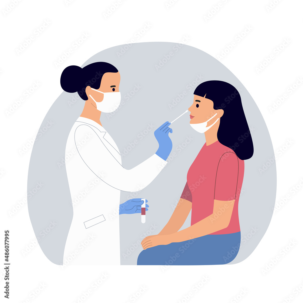 Woman in face mask tested the coronavirus by pcr test from the patient. Vector flat style cartoon illustration Woman in face mask tested the coronavirus by pcr test from the patient. Vector flat style cartoon illustration