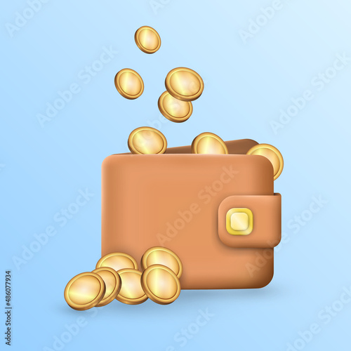 Closed brown billfold with falling shiny golden coins. Cartoon three-dimensional metallic coins and leather wallet with golden button. Vector Illustration with pocketbook for money EPS 10