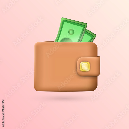 Cartoon three-dimensional leather wallet with golden button and money inside. Closed brown billfold and two green banknotes. Vector Illustration with pocketbook EPS 10. Cash payment concept