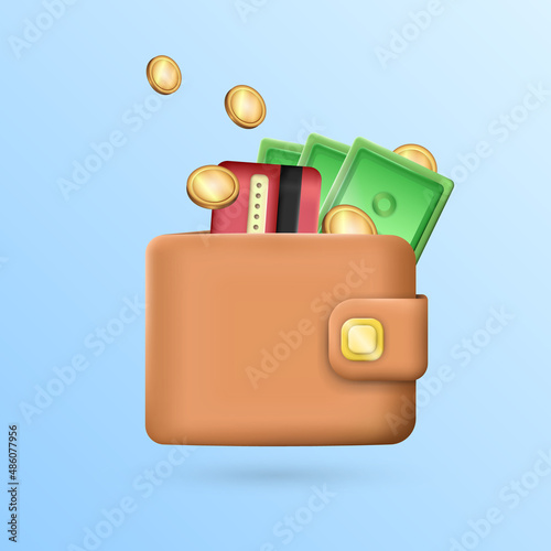Closed brown billfold with falling shiny golden coins, red plastic credit card and pills of green banknotes for cash payment. Cartoon three-dimensional wallet with golden button and money inside.