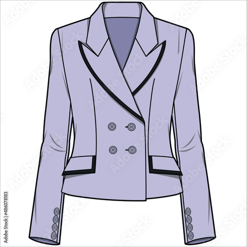 SLIM FIT WIDE NOTCH COLLAR  DOULE BREASTED BLAZER WITH CONTRAST TIPPING DETAIL FOR WOMEN CORPORATE WEAR IN EDITABLE VECTOR FILE