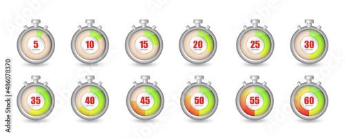 Collection of countdown timer with different time - 5, 10, 15, 20, 25, 30, 35, 40, 45, 50, 55, 60 minutes. Cartoon realistic grey stopwatches isolated on white background. 