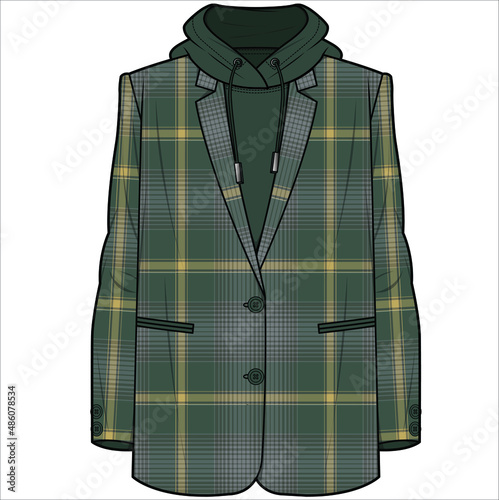 RELAX FIT NOTCH COLLAR LONG LINE HOODED BLAZER IN OLIVE HERITAGE CHECK FOR WOMEN CORPORATE WEAR IN EDITABLE VECTOR FILE