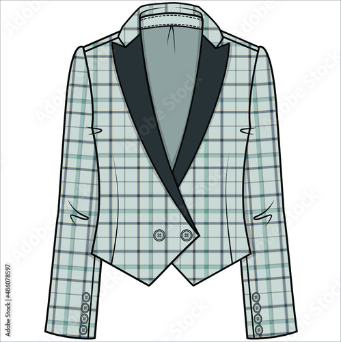 TUXEDO WITH V CUT HEMLINE CONTRAST NOTCH COLLAR PALE CHECK BLAZER FOR WOMEN CORPORATE WEAR IN EDITABLE VECTOR FILE photo