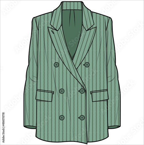 RELAX FIT NOTCH COLLAR LONG LINE DOUBLE BREASTED OLIVE STRIPE BLAZER FOR WOMEN CORPORATE WEAR IN EDITABLE VECTOR FILE