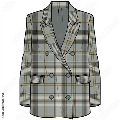 RELAX FIT NOTCH COLLAR LONG LINE DOUBLE BREASTED BROWN CHECK BLAZER FOR WOMEN CORPORATE WEAR IN EDITABLE VECTOR FILE