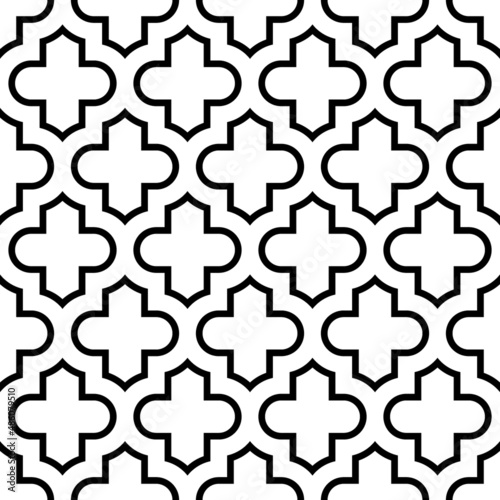 Seamless pattern with ogee ornament. Oriental traditional ornamentation with repeated tile shapes. Window tracery wallpaper. Grid motif. Digital paper for textile print, web design. Vector art image.