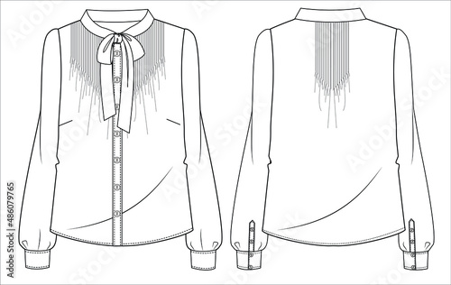 Front bow tie up pintucks on front and back long sleeves top for women office wear