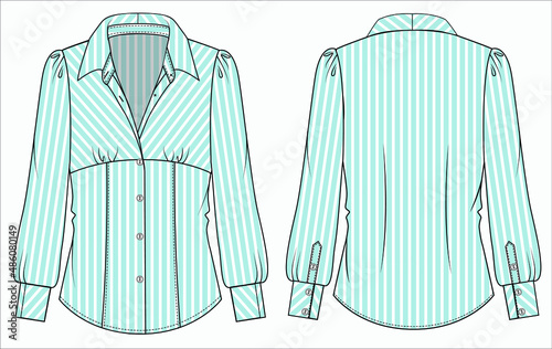 Seer stripe Long puff sleeves woven top with gathers at empire line for women office wear in editable vector file