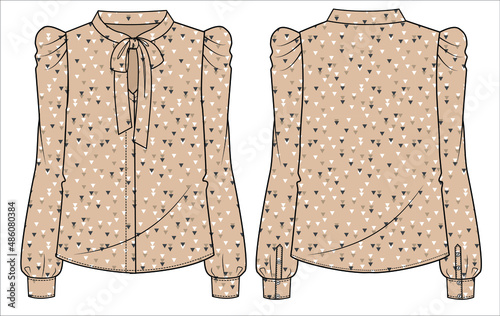 Pussy bow tie up with leg O mutton sleeves woven top for women office wear in editable vector file