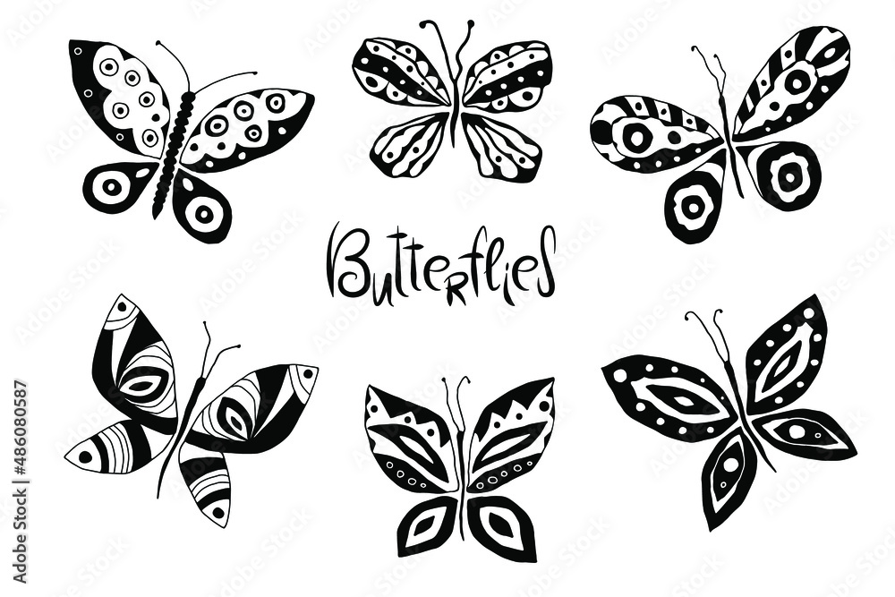 Beautiful cartoon graphic butterflies. Black and white vector set.
Beautiful cartoon graphic butterflies. Black and white vector set.