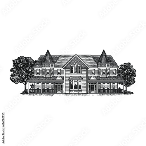 Victorian Style House Vector Illustration. Vector drawing, handrawn, vintage, line art of Victorian Style House on white background 