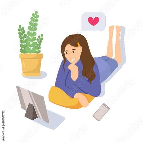 Woman talking on phone flat vector illustration. Working from home, remote job. Online shopping. Freelance, e-learning concept. Girl lying on bed, using laptop. Freelancer, student cartoon character