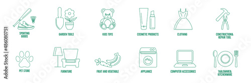 icon set of sporting goods, garden tools, kids' toys, cosmetic products, clothing, construction tools, pet store, furniture, fruit and vegetables, appliances, computer accessories, kitchen tools 