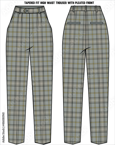 HIGH WAIST FRONT PLEATED TAPERED FIT HERITAGE CHECK BOTTOM FOR WOMEN CORPORATE WEAR IN EDITABLE VECTOR FILE